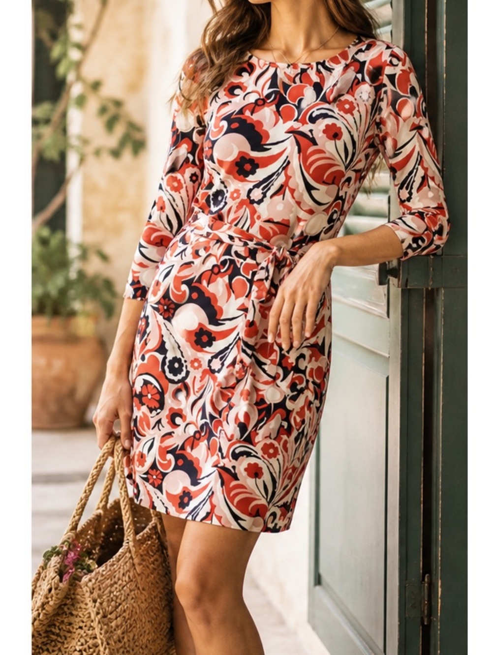 Boden knit dress multicolor floral 3/4 sleeves belted round neck Size 8